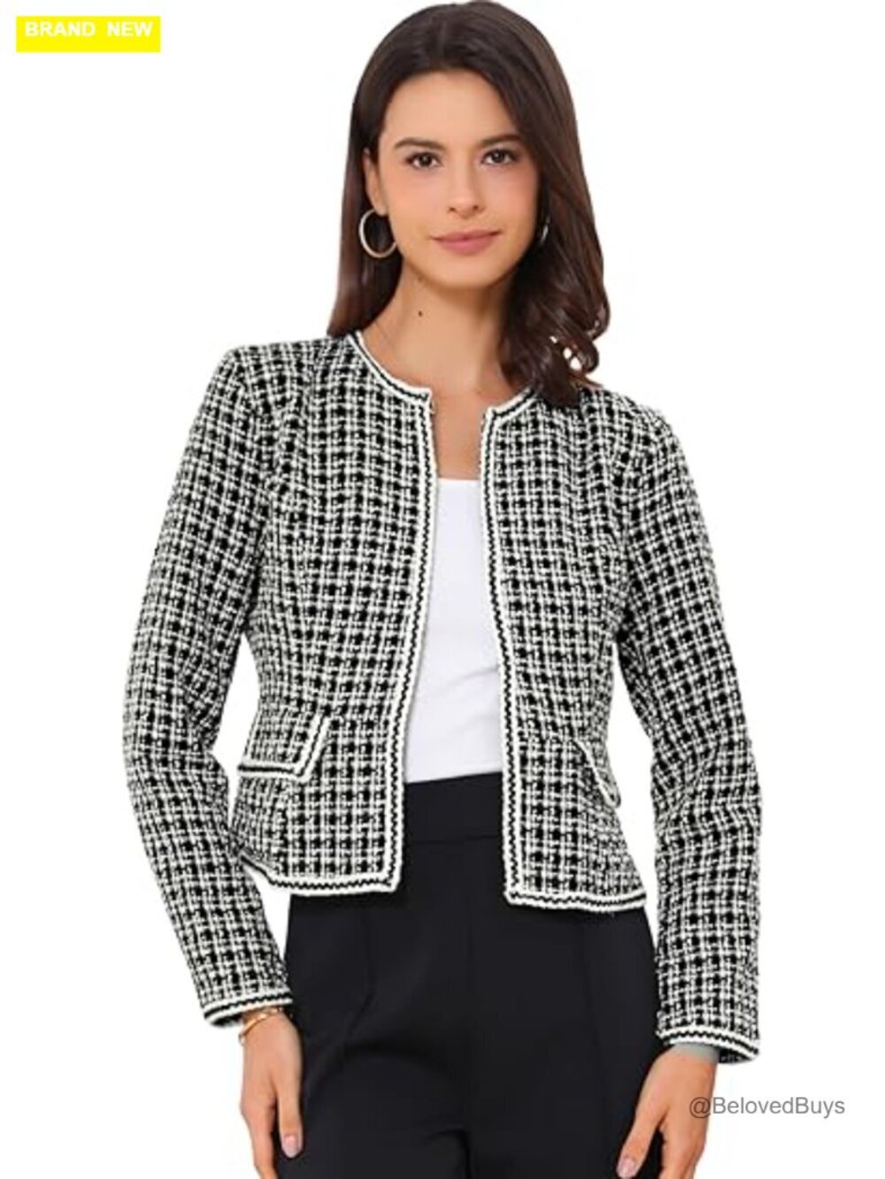 Plaid Tweed Blazer - Long Sleeve Open Front Work Office Jacket